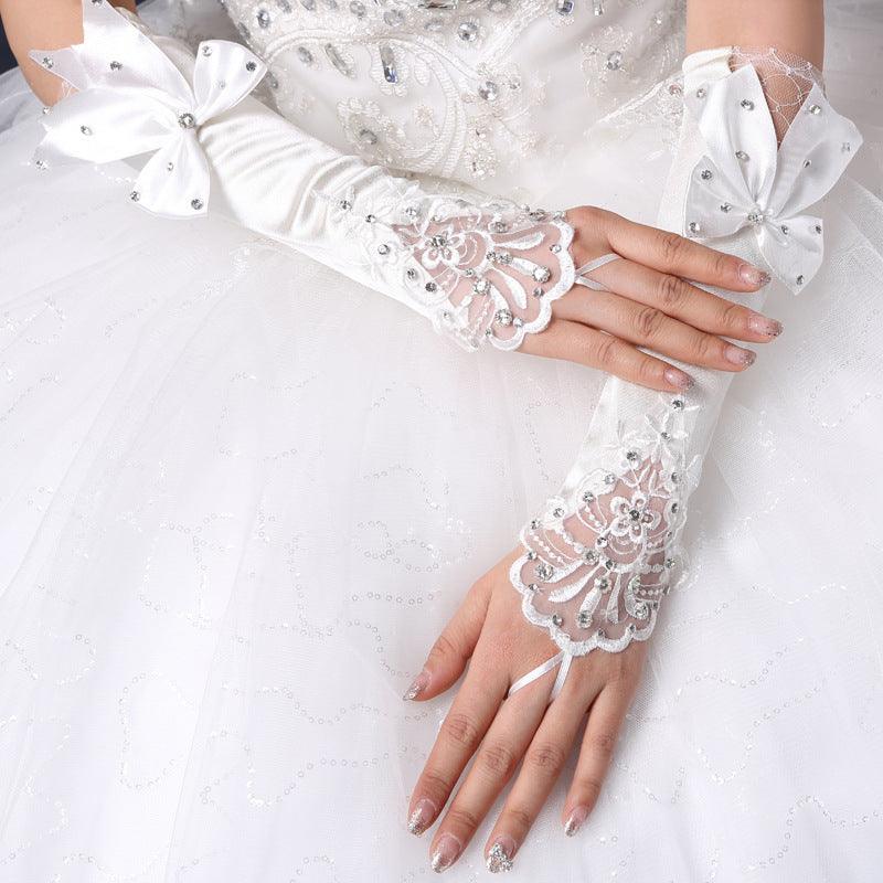 Bridal Gloves Wedding Hook Finger Flower Bow Lace Hollow Sleeves - fadidesign