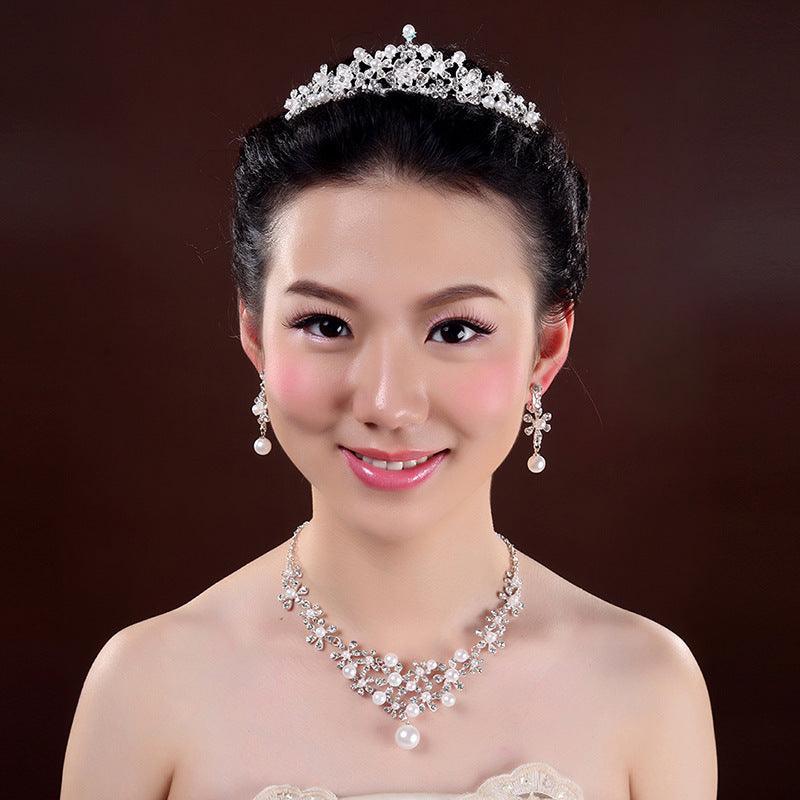 Bridal headdress, three sets of crystal flower necklace, diamond earrings, European and American Wind crown, wedding jewelry - fadidesign