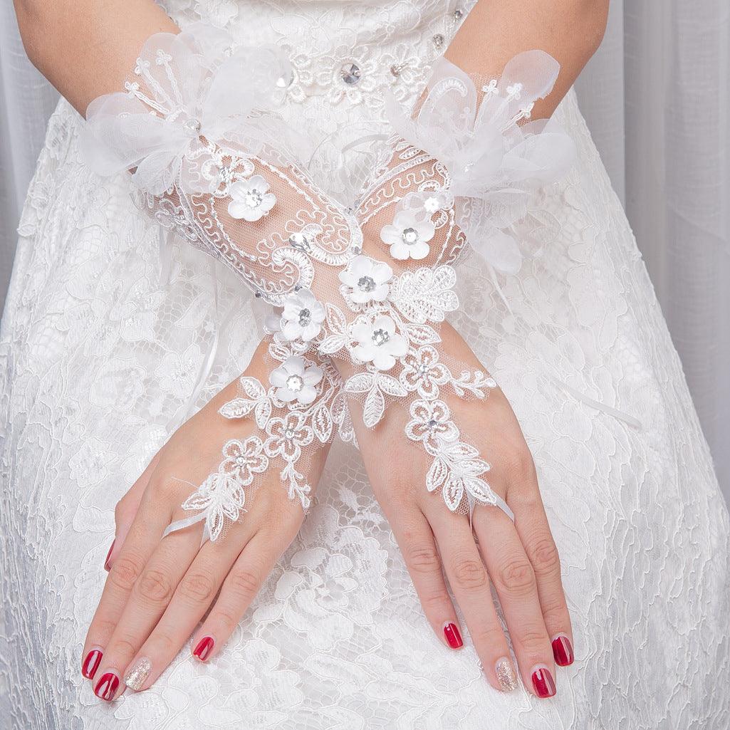 Bridal Wedding Gloves Diamond Studded Hollow Mesh - fadidesign