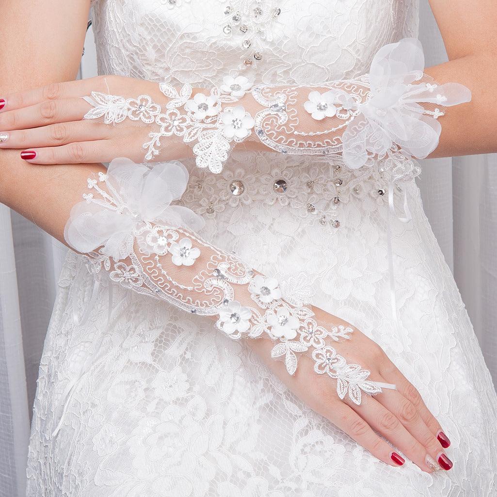 Bridal Wedding Gloves Diamond Studded Hollow Mesh - fadidesign