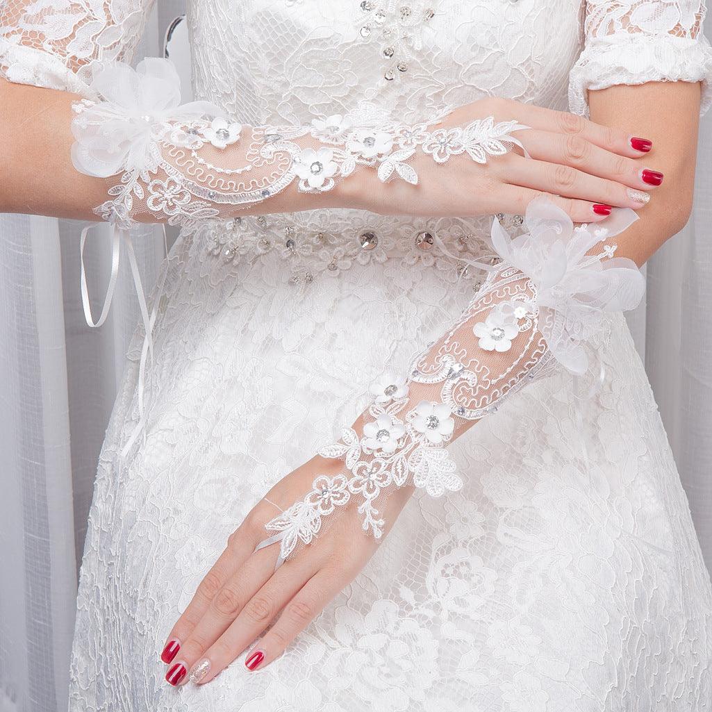 Bridal Wedding Gloves Diamond Studded Hollow Mesh - fadidesign