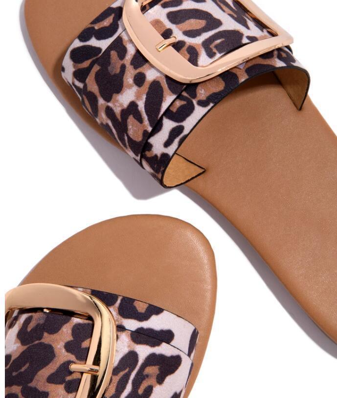 Buckle Slippers Leopard Print Sandals Women Summer Flat Beach Shoes - fadidesign