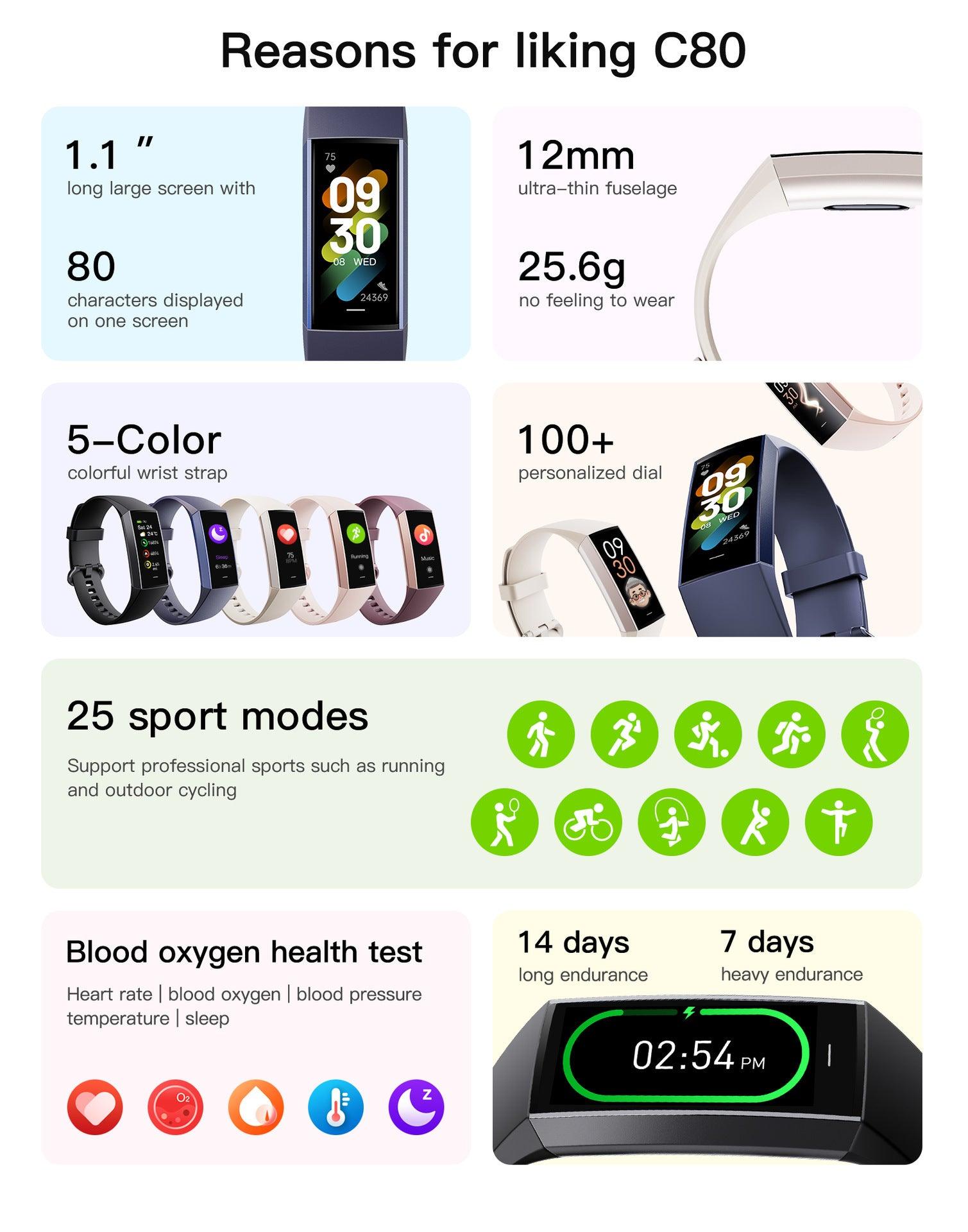 C80 Smart AMOLED Screen Power Heart Rate Blood Oxygen Monitoring Bracelet - fadidesign