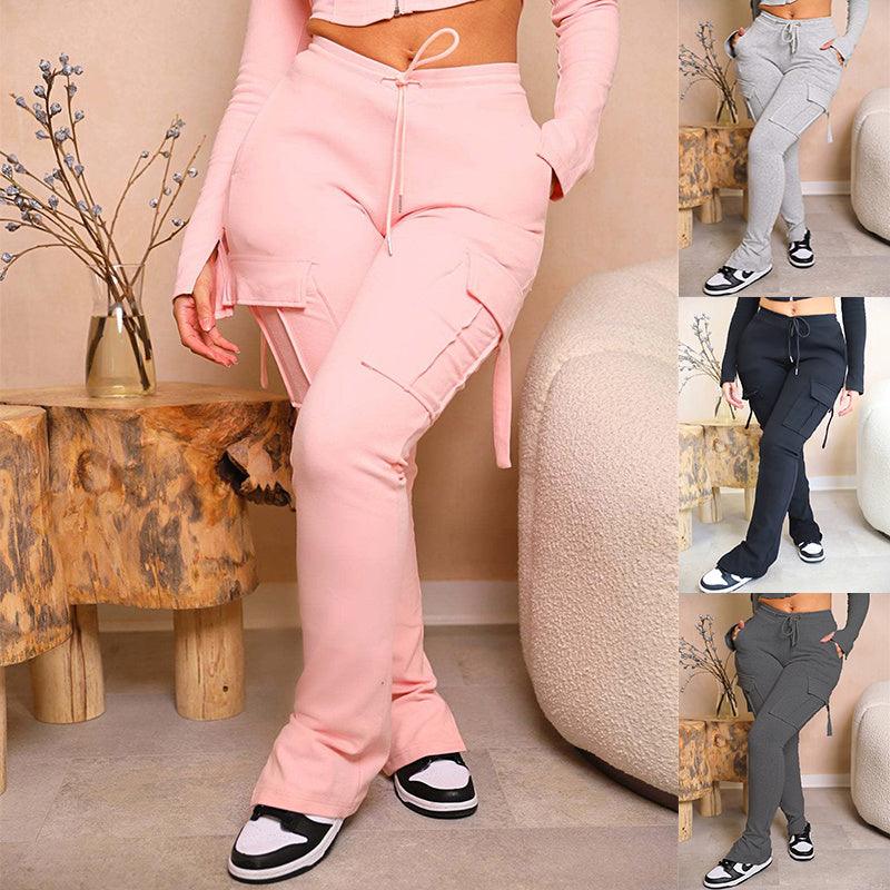 Cargo Pants With Pockets High Waist Drawstring Wide Leg Straight Trousers For Women Overalls - fadidesign