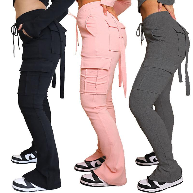 Cargo Pants With Pockets High Waist Drawstring Wide Leg Straight Trousers For Women Overalls - fadidesign