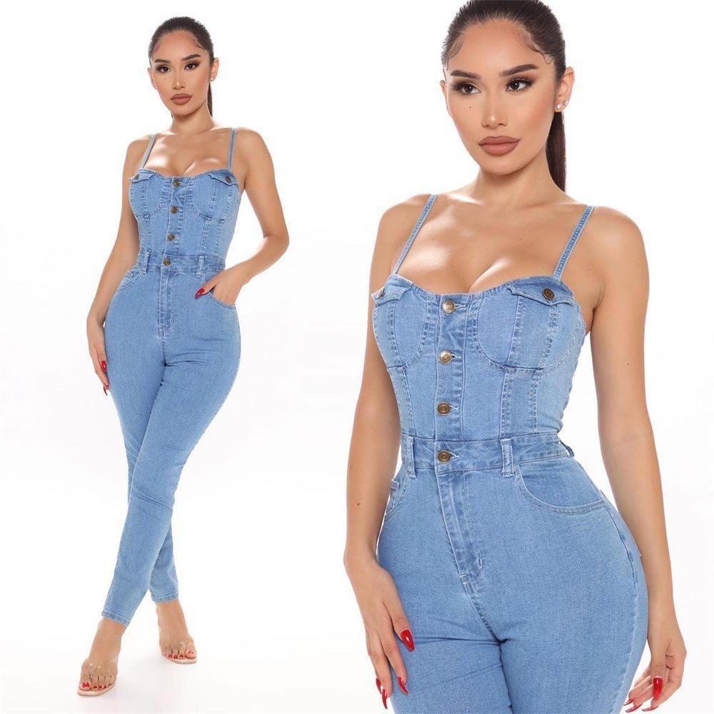 Casual Nightclub Women's High Elastic Denim Jumpsuit Summer - fadidesign