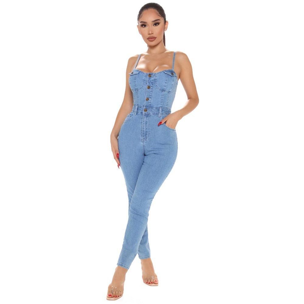 Casual Nightclub Women's High Elastic Denim Jumpsuit Summer - fadidesign