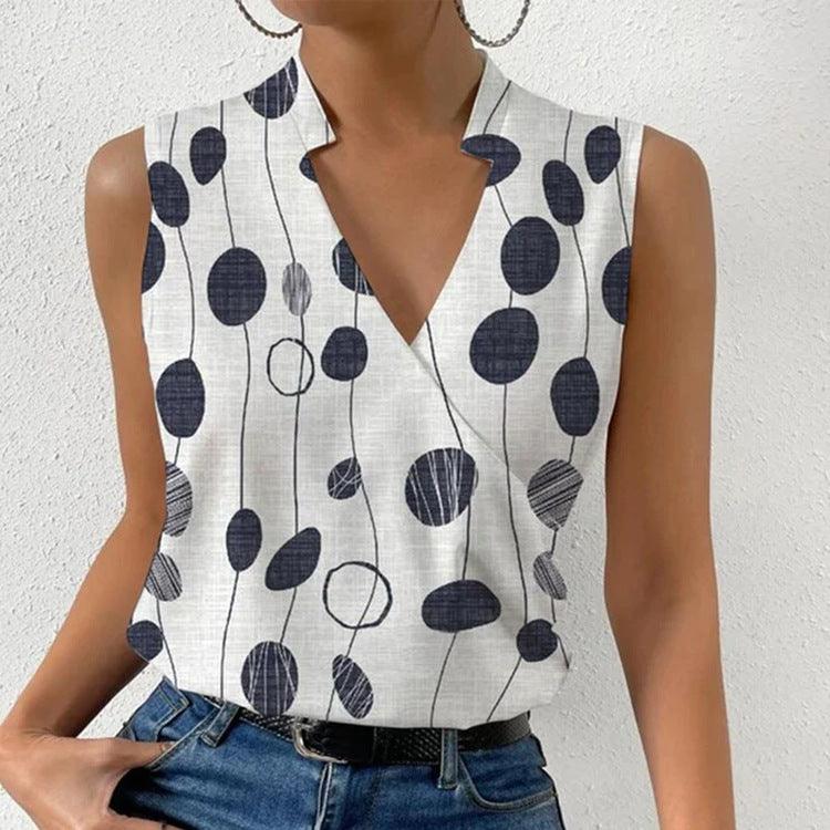 Casual Printed Tops Summer V-neck Sleeveless T-shirt Womens Clothing - fadidesign