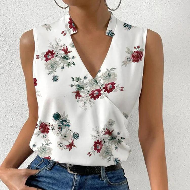 Casual Printed Tops Summer V-neck Sleeveless T-shirt Womens Clothing - fadidesign