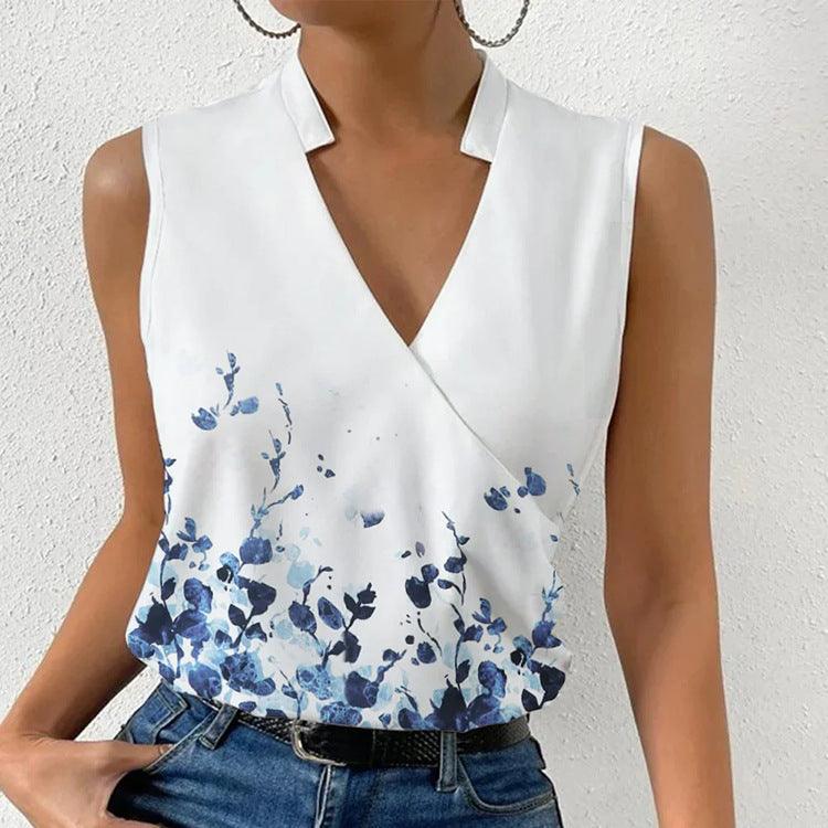 Casual Printed Tops Summer V-neck Sleeveless T-shirt Womens Clothing - fadidesign