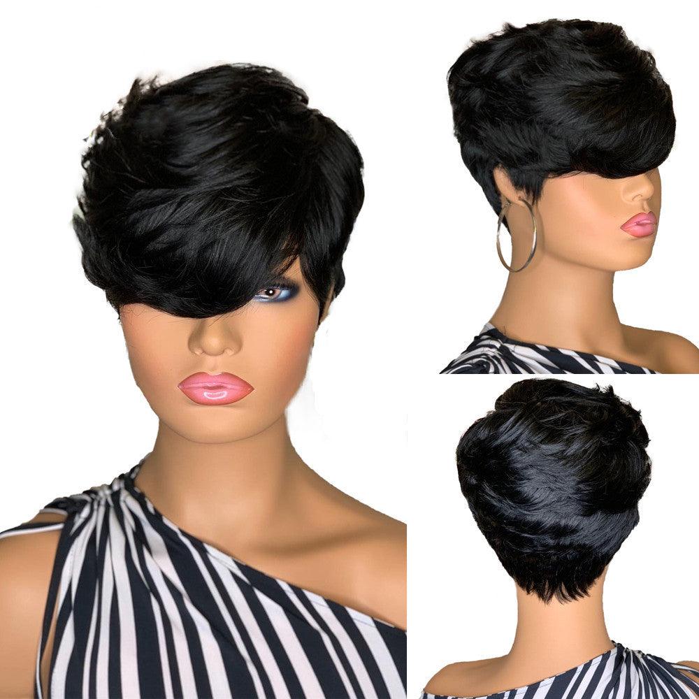 Chemical Fiber Hair, Black Oblique Bangs, Short Hair, Fluffy Short Straight Hair, Short Wig Headgear - fadidesign