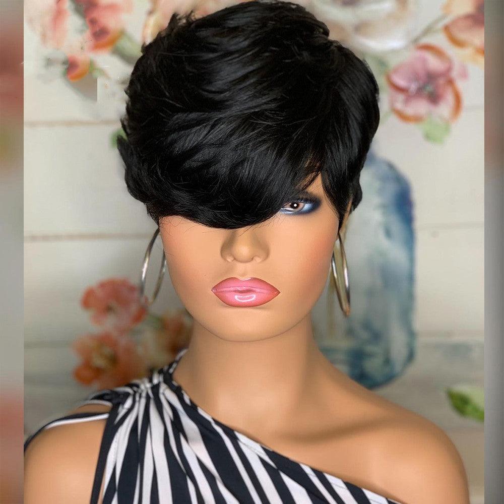 Chemical Fiber Hair, Black Oblique Bangs, Short Hair, Fluffy Short Straight Hair, Short Wig Headgear - fadidesign