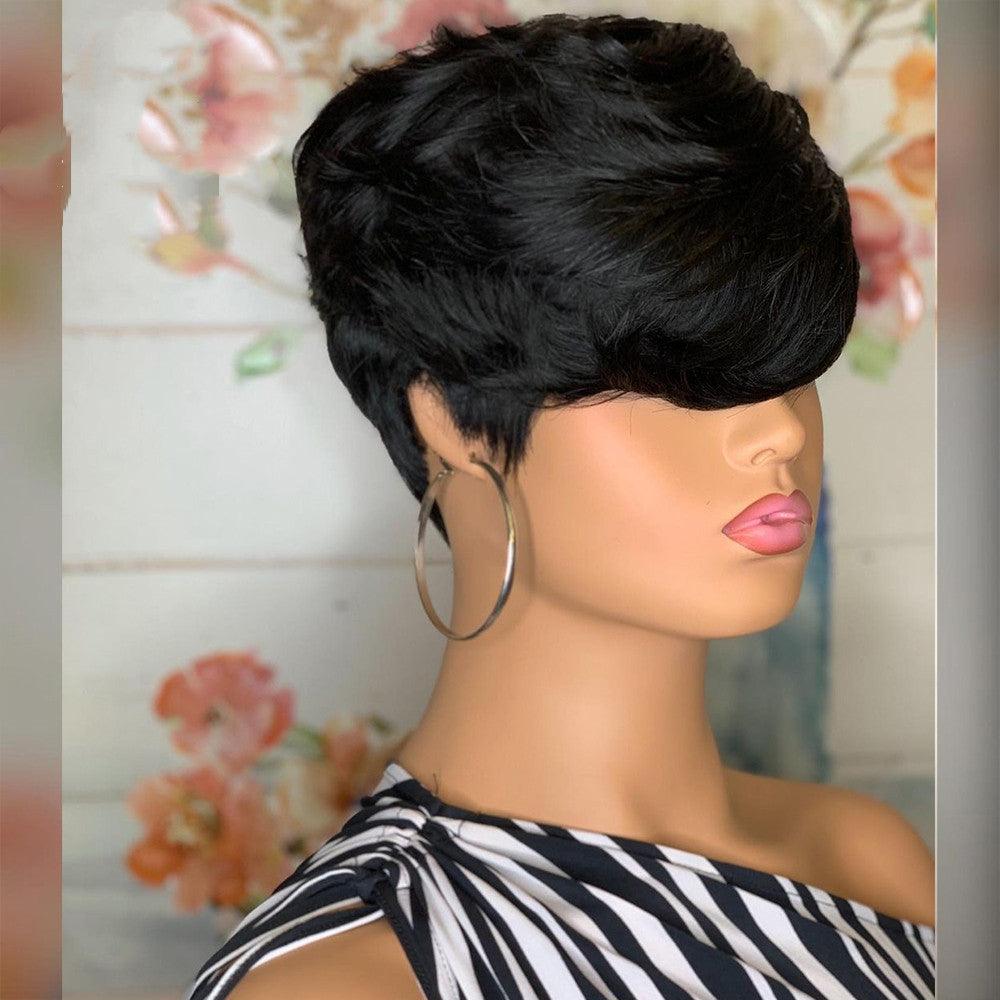 Chemical Fiber Hair, Black Oblique Bangs, Short Hair, Fluffy Short Straight Hair, Short Wig Headgear - fadidesign