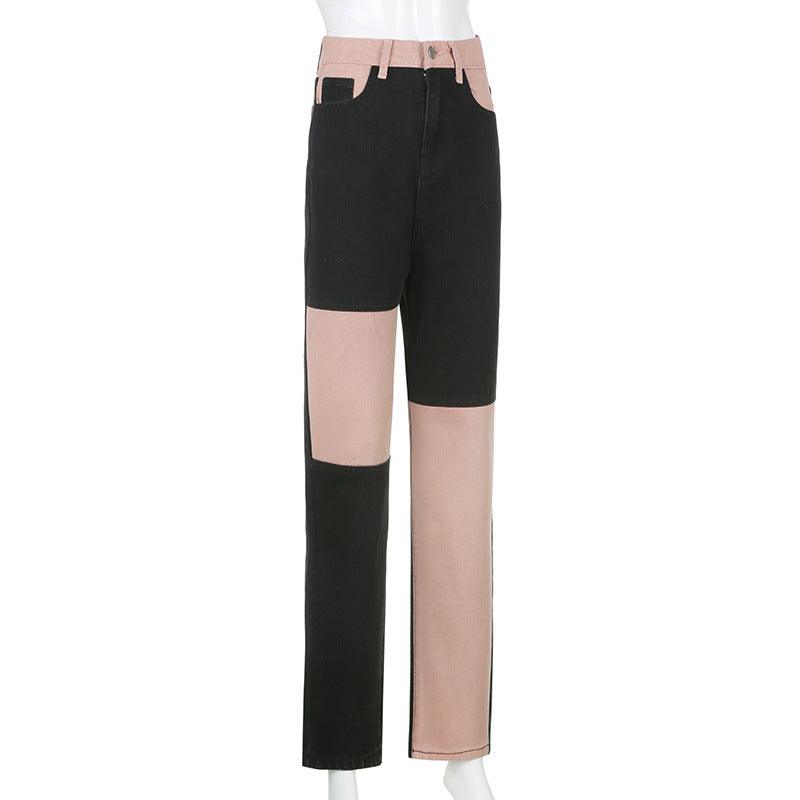 Contrasting stitching high-rise straight leg jeans women - fadidesign