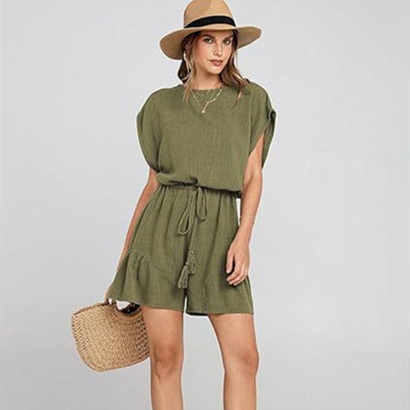 Cotton And Linen Jumpsuit Loose Waist Short Sleeve Women - fadidesign