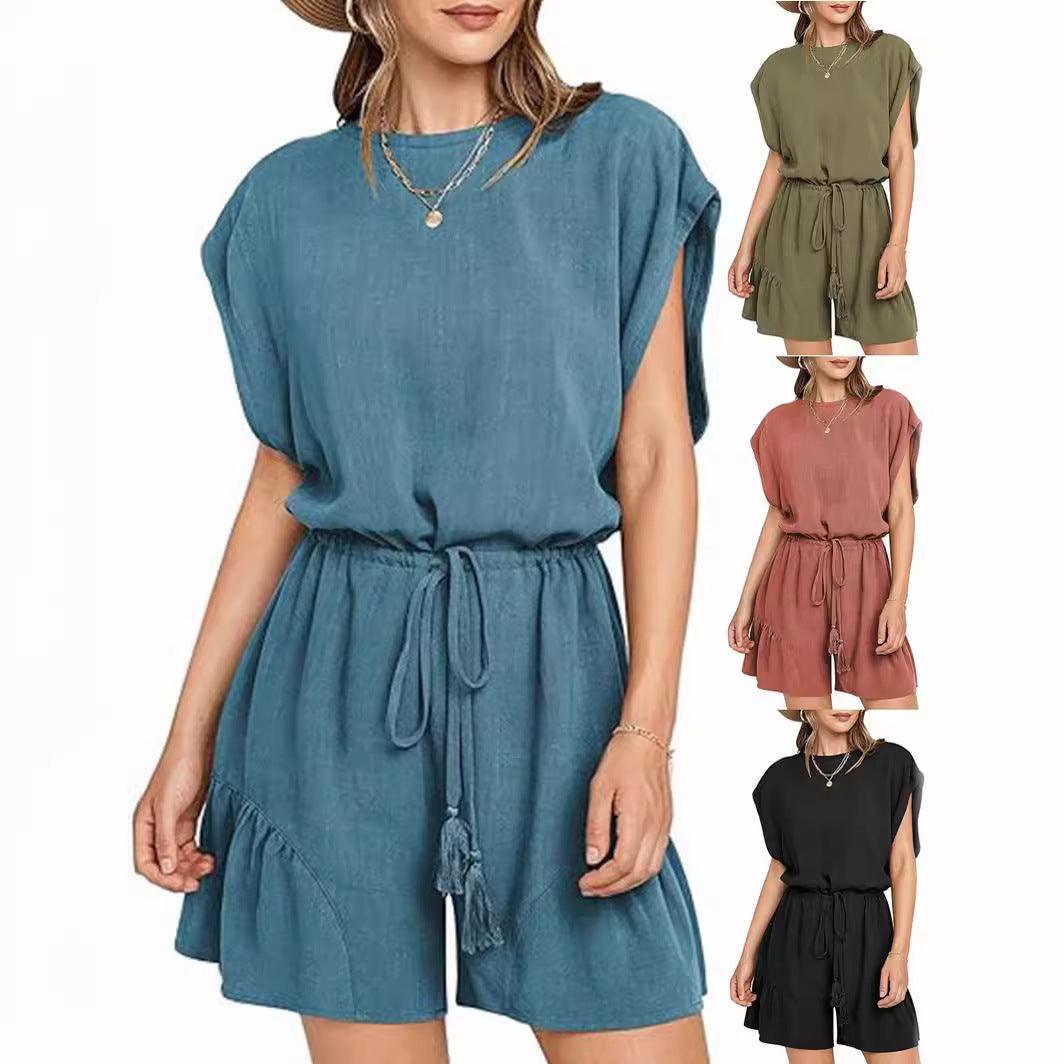 Cotton And Linen Jumpsuit Loose Waist Short Sleeve Women - fadidesign