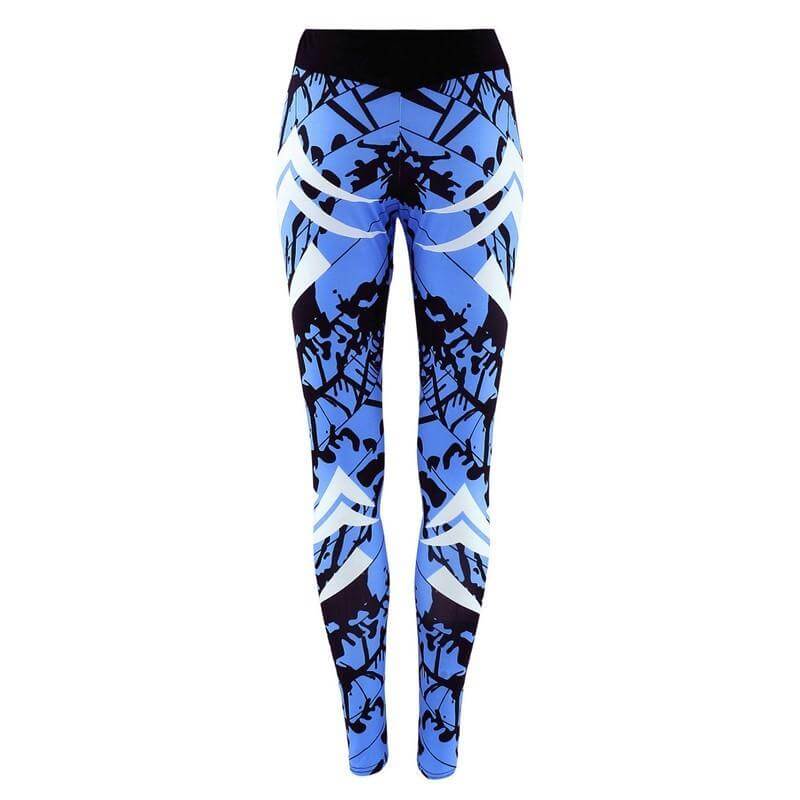 Dark blue printed tight gym leggings for women, made from milk silk polyester, suitable for yoga, running, fitness, all-season wear.