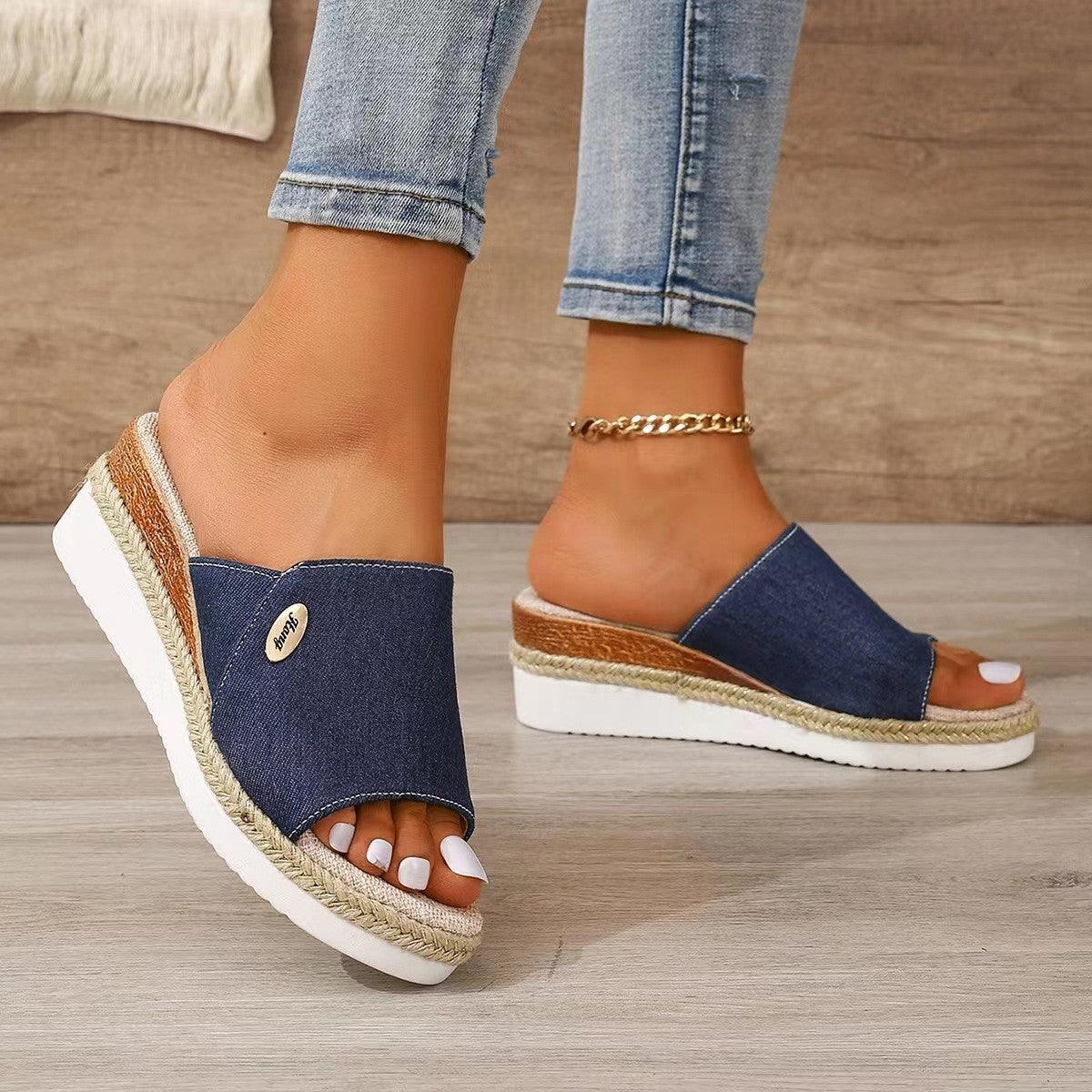 Denim Canvas Wedges Sandals Summer Fashion Hemp High Heel Slippers Outdoor Thick Bottom Fish Mouth Shoes For Women - fadidesign