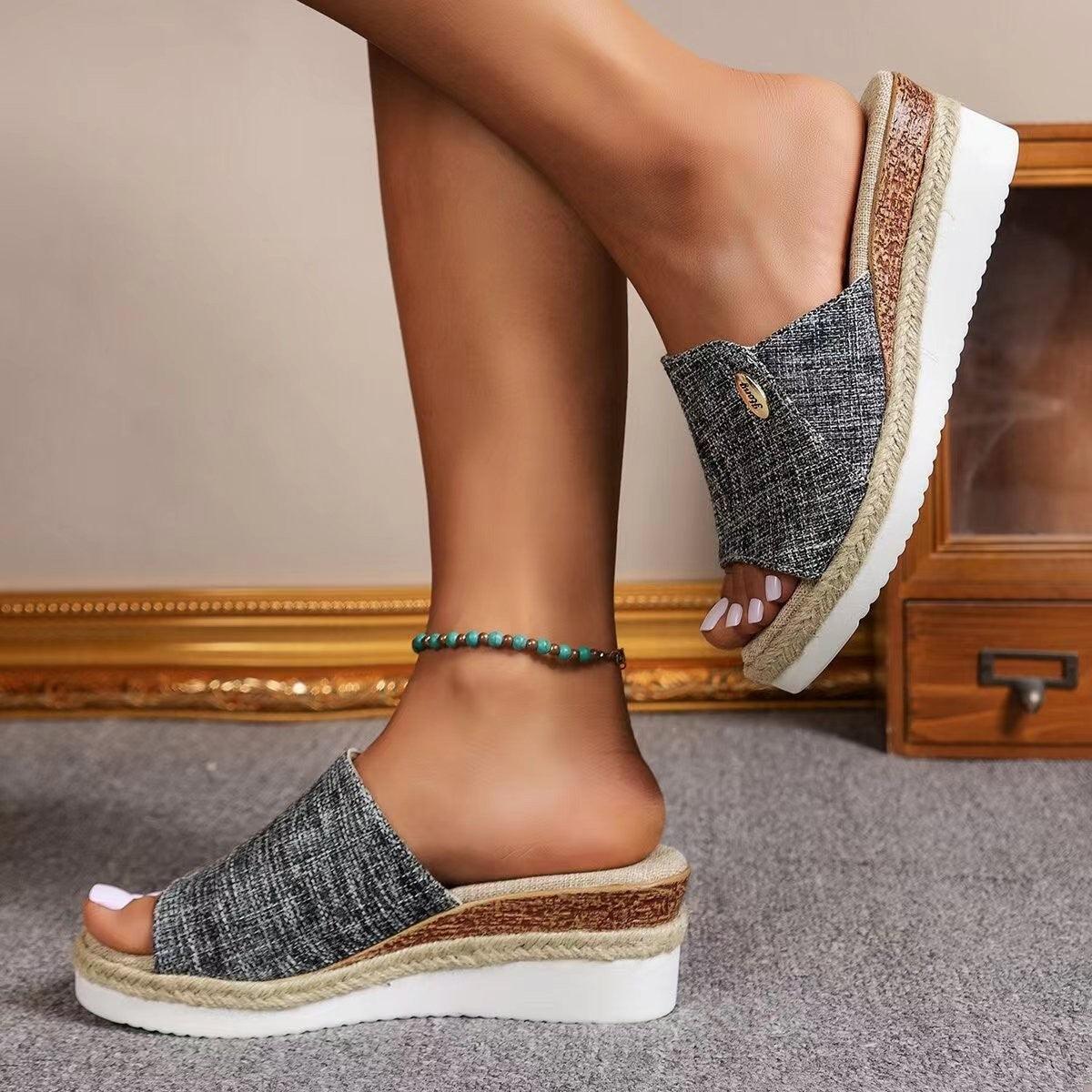 Denim Canvas Wedges Sandals Summer Fashion Hemp High Heel Slippers Outdoor Thick Bottom Fish Mouth Shoes For Women - fadidesign