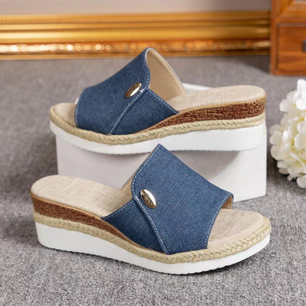 Denim Canvas Wedges Sandals Summer Fashion Hemp High Heel Slippers Outdoor Thick Bottom Fish Mouth Shoes For Women - fadidesign