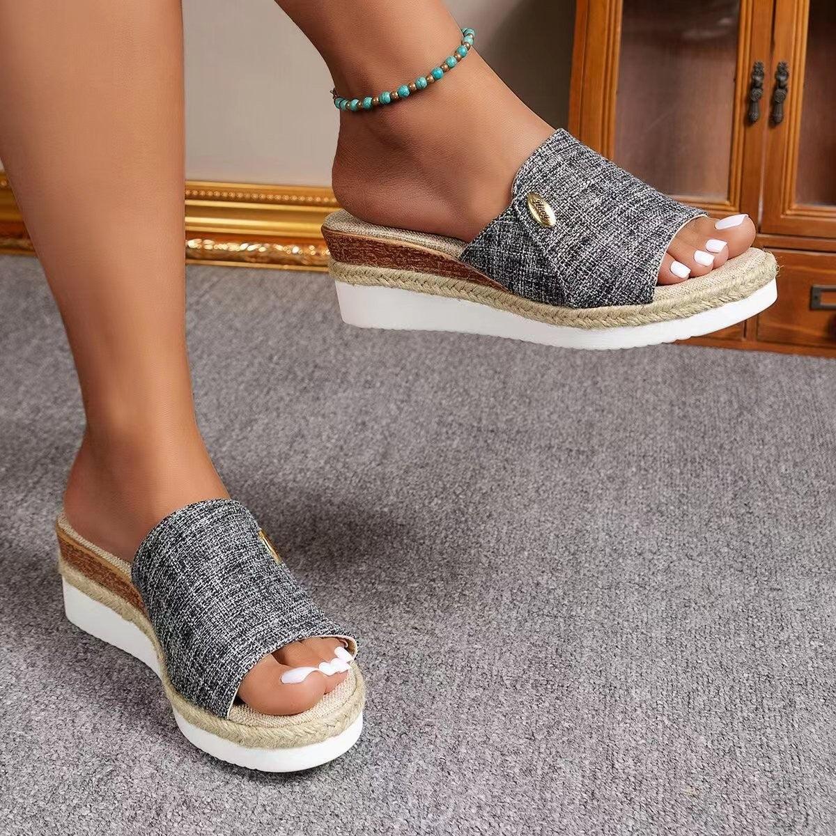 Denim Canvas Wedges Sandals Summer Fashion Hemp High Heel Slippers Outdoor Thick Bottom Fish Mouth Shoes For Women - fadidesign