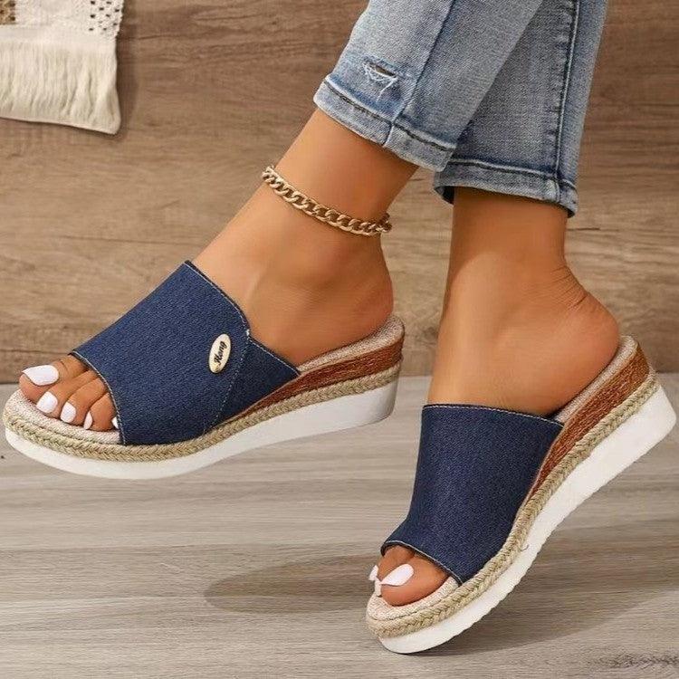 Denim Canvas Wedges Sandals Summer Fashion Hemp High Heel Slippers Outdoor Thick Bottom Fish Mouth Shoes For Women - fadidesign