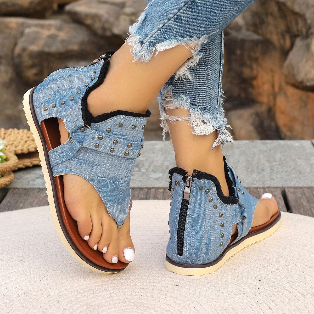 Denim Thong Sandals With Rear Zipper Summer Retro Beach Flat Shoes For Women - fadidesign