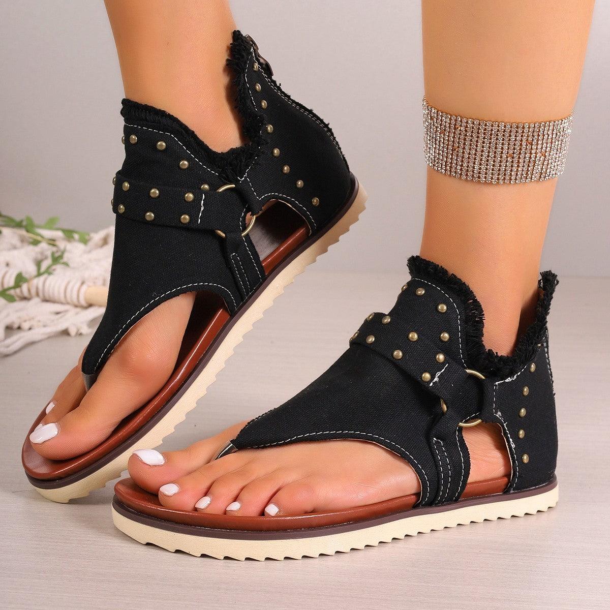 Denim Thong Sandals With Rear Zipper Summer Retro Beach Flat Shoes For Women - fadidesign