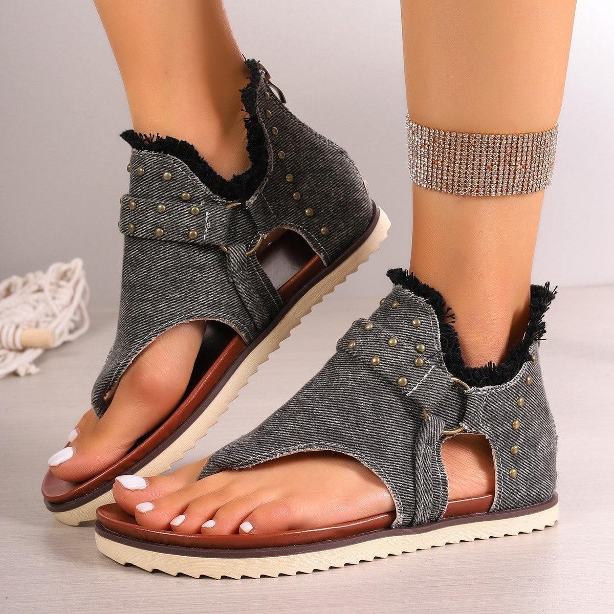 Denim Thong Sandals With Rear Zipper Summer Retro Beach Flat Shoes For Women - fadidesign