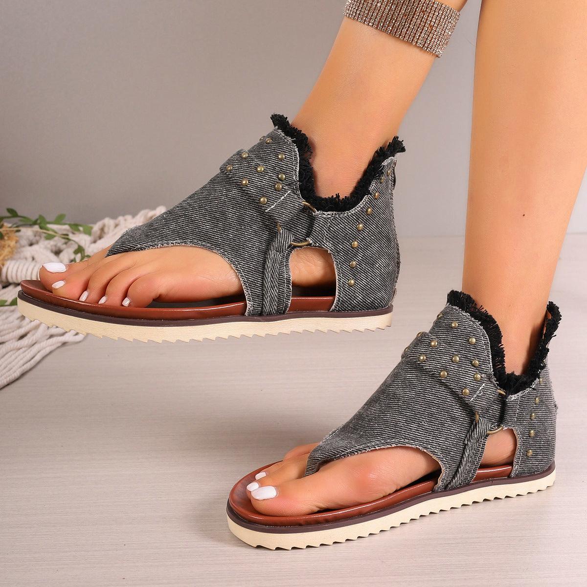 Denim Thong Sandals With Rear Zipper Summer Retro Beach Flat Shoes For Women - fadidesign