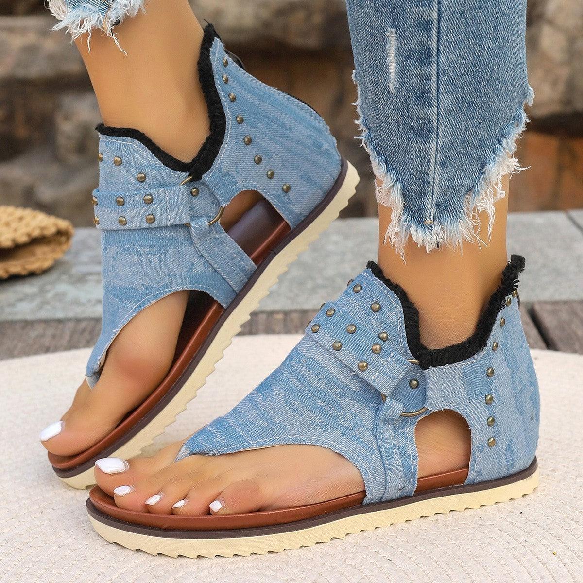 Denim Thong Sandals With Rear Zipper Summer Retro Beach Flat Shoes For Women - fadidesign