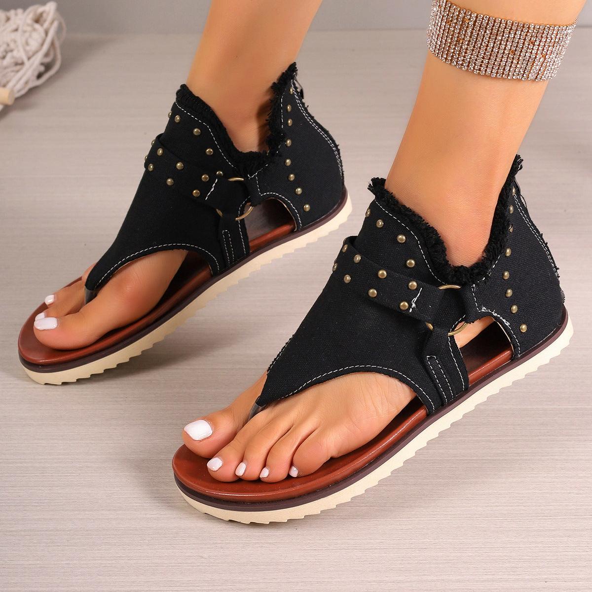 Denim Thong Sandals With Rear Zipper Summer Retro Beach Flat Shoes For Women - fadidesign