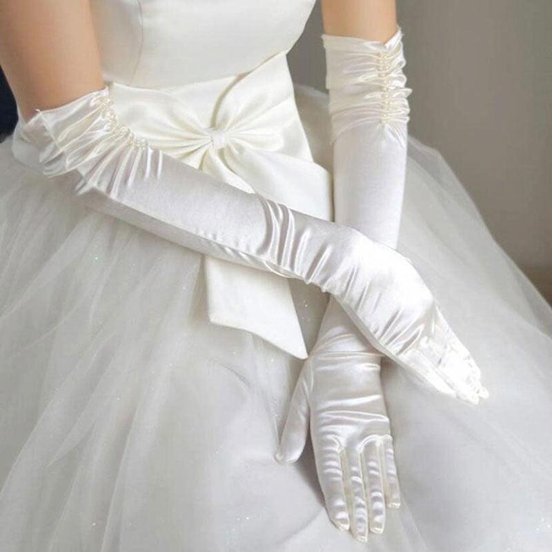 Double-row Beaded Satin Sun Protection Scar Cover Up Oversleeve Bridal Wedding Gloves - fadidesign