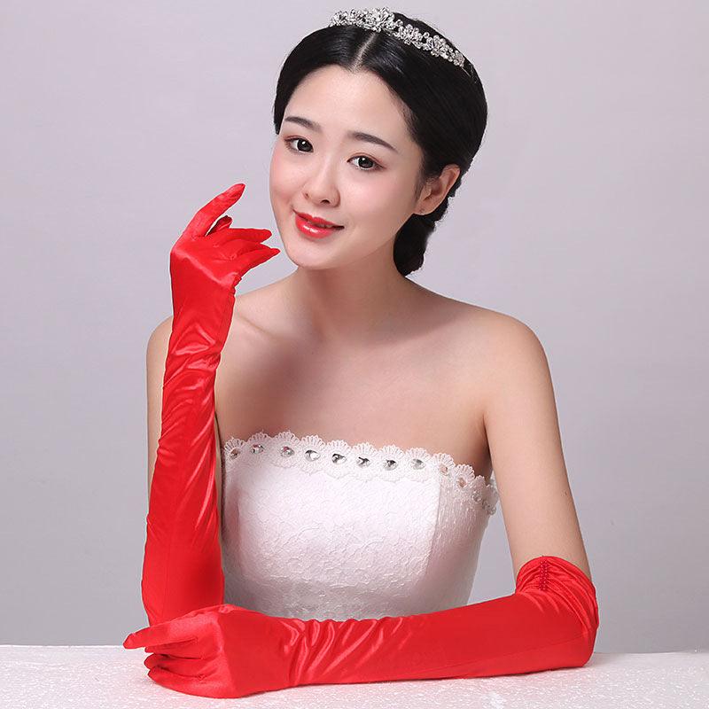 Double-row Beaded Satin Sun Protection Scar Cover Up Oversleeve Bridal Wedding Gloves - fadidesign