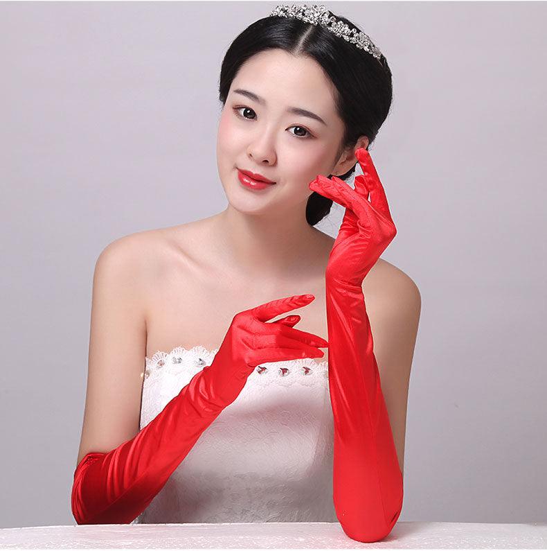 Double-row Beaded Satin Sun Protection Scar Cover Up Oversleeve Bridal Wedding Gloves - fadidesign