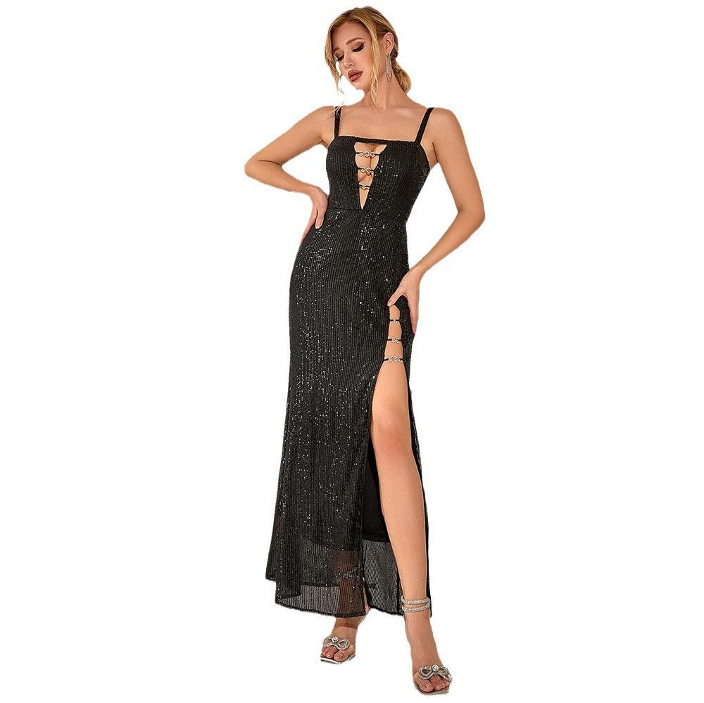 Elegant Elegant Hollow Out High Slit Sequin Sling Evening Party Dress - fadidesign