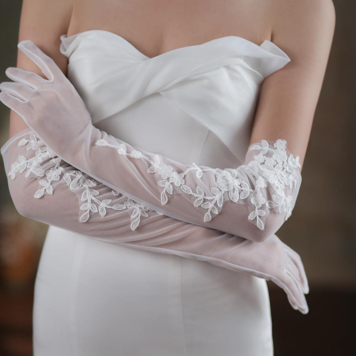 Elegant White Lace Wedding Dress Dinner Mesh Gloves - fadidesign