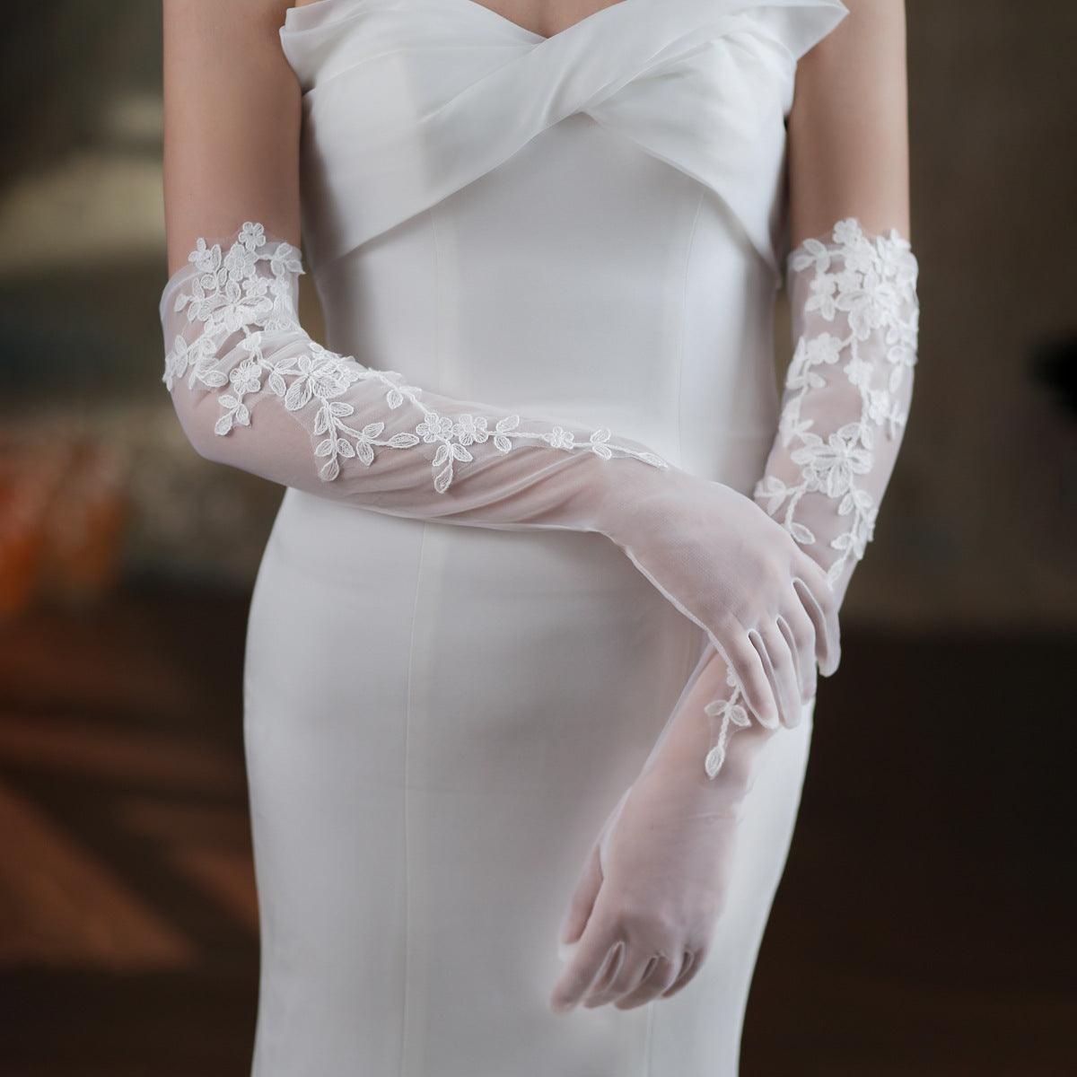 Elegant White Lace Wedding Dress Dinner Mesh Gloves - fadidesign