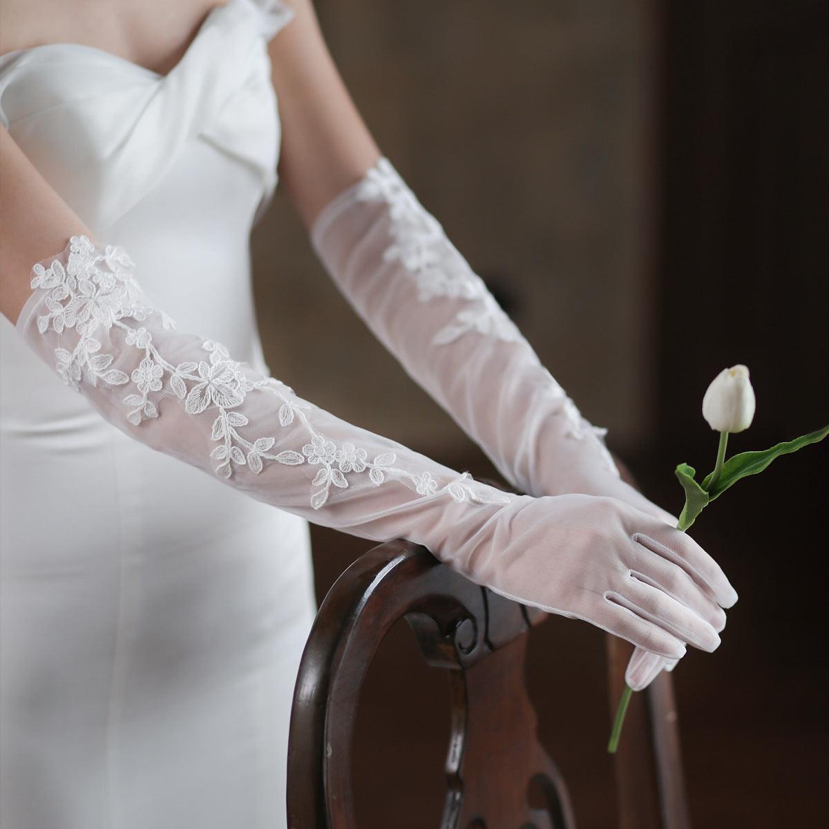 Elegant White Lace Wedding Dress Dinner Mesh Gloves - fadidesign