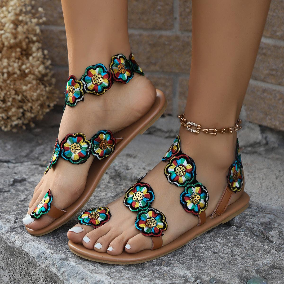 Ethnic Style Flowers Flat Sandals Summer Vacation Casual Clip Toe Beach Shoes For Women - fadidesign