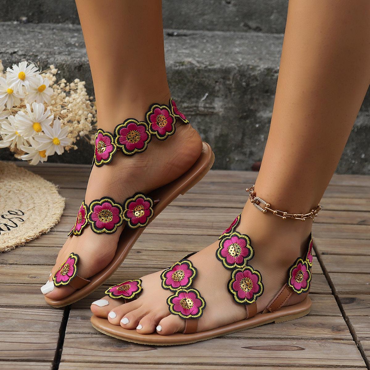 Ethnic Style Flowers Flat Sandals Summer Vacation Casual Clip Toe Beach Shoes For Women - fadidesign