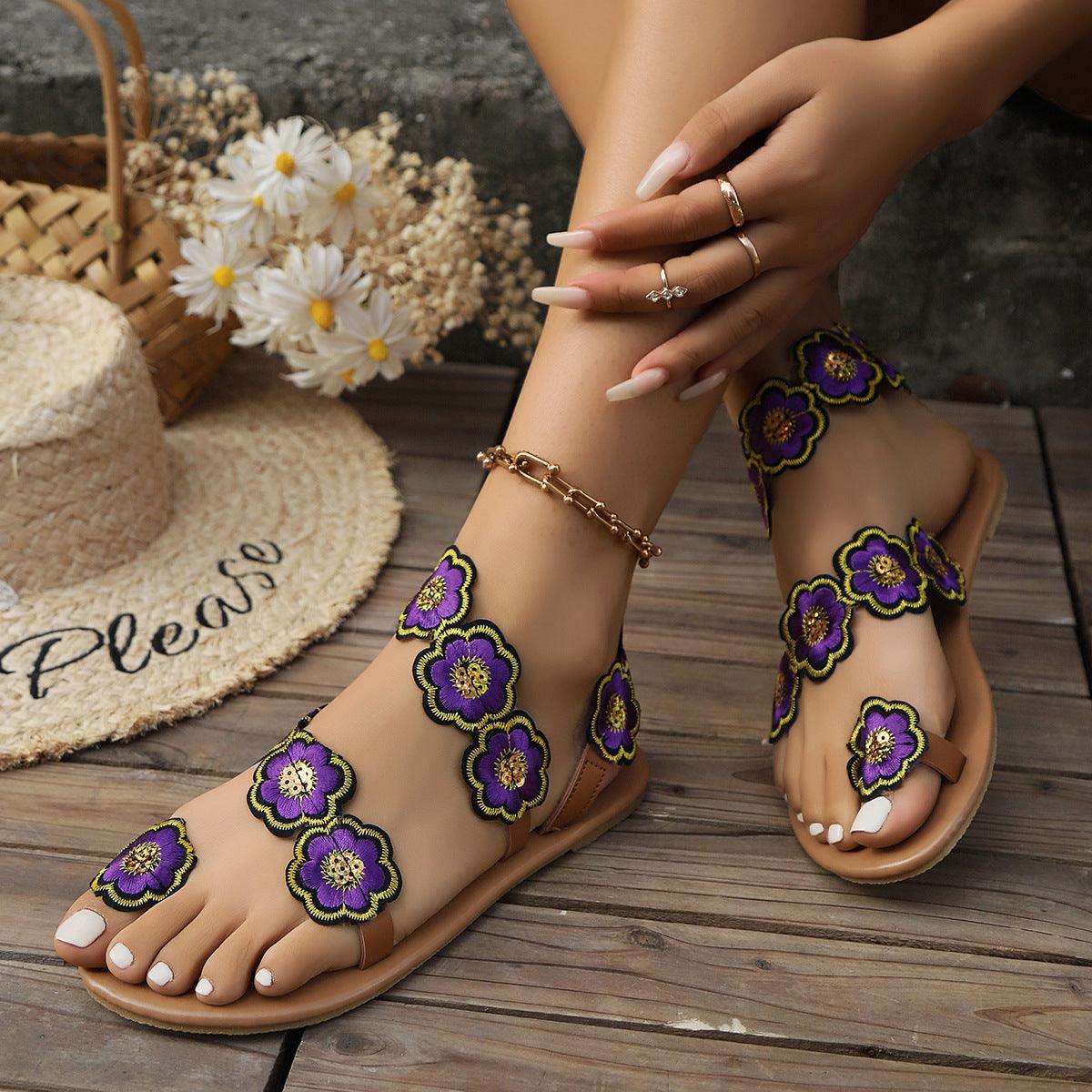 Ethnic Style Flowers Flat Sandals Summer Vacation Casual Clip Toe Beach Shoes For Women - fadidesign