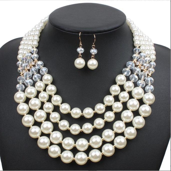 Europe necklace crystal pearl Long Necklace Earrings female bride jewelry set accessories - fadidesign