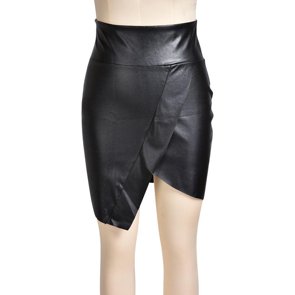 European And American Irregular Slit Black Leather Skirt - fadidesign