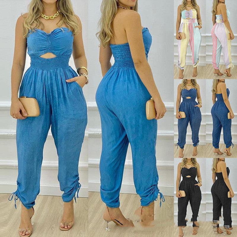 European And American Women's New Blue Tube Top One-piece Trousers - fadidesign