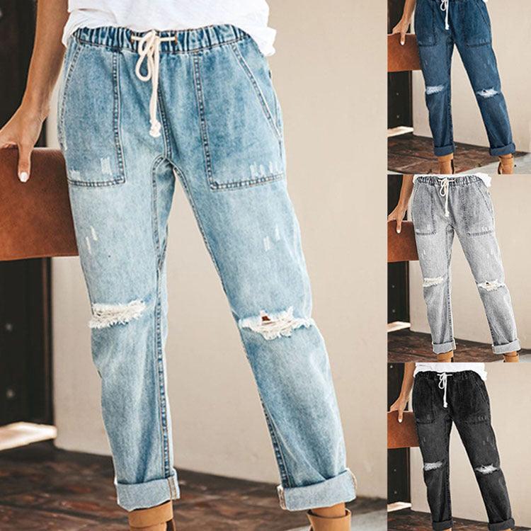 Fashion Casual Streetwear Women Jeans Korean Style Straight Leg Pants Ripped Pants - fadidesign