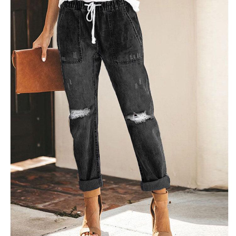 Fashion Casual Streetwear Women Jeans Korean Style Straight Leg Pants Ripped Pants - fadidesign