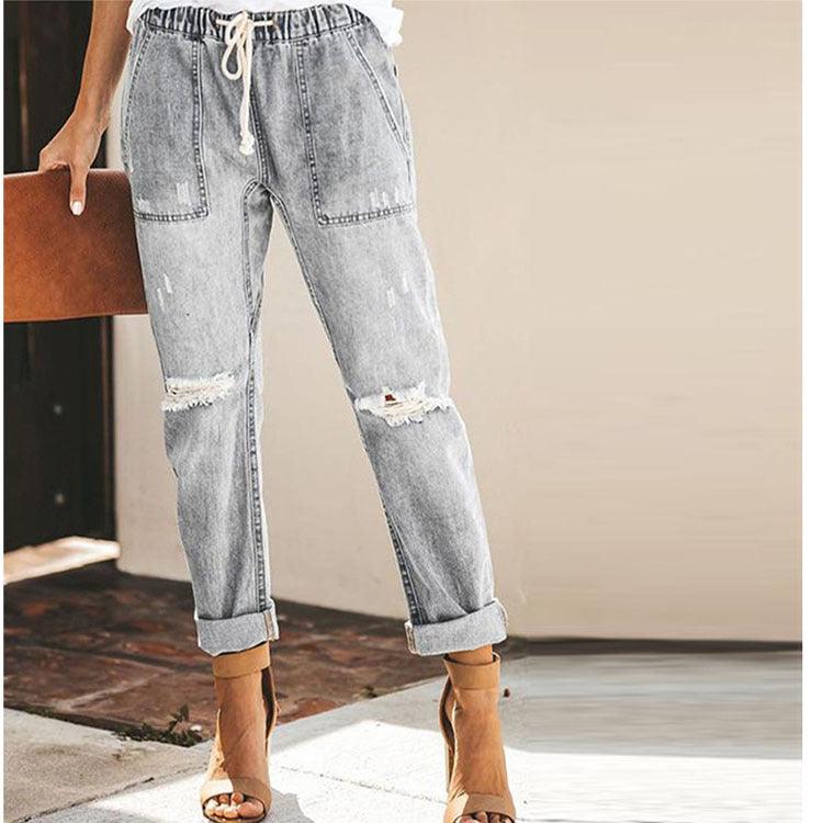 Fashion Casual Streetwear Women Jeans Korean Style Straight Leg Pants Ripped Pants - fadidesign