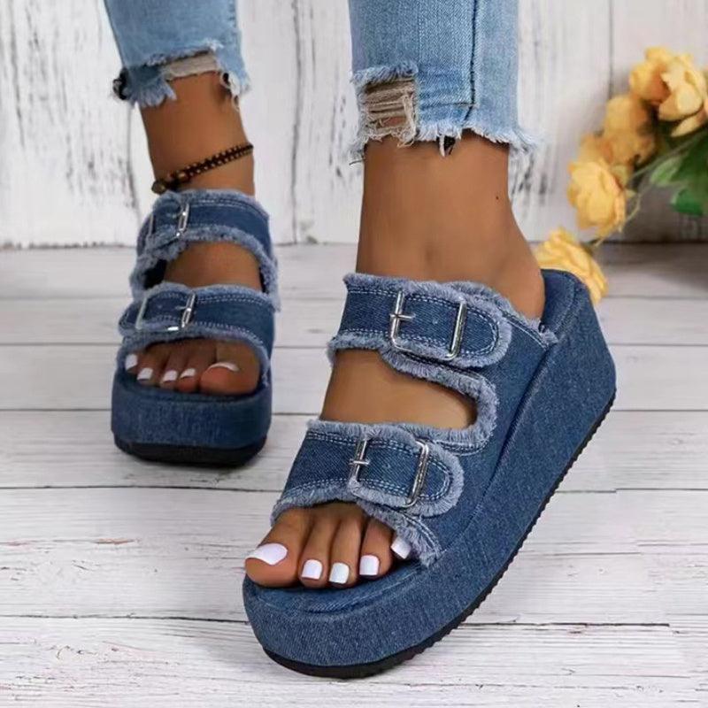 Fashion Denim Buckle Wedges Sandals Summer Outdoor High Heel Slippers Thick Bottom Camouflage Shoes For Women - fadidesign