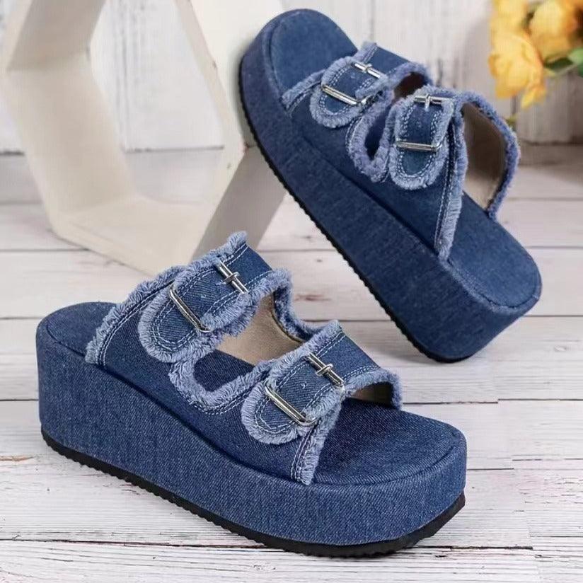 Fashion Denim Buckle Wedges Sandals Summer Outdoor High Heel Slippers Thick Bottom Camouflage Shoes For Women - fadidesign